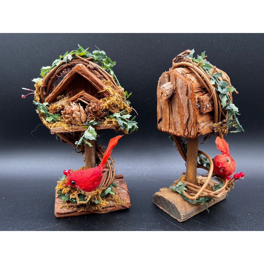 Vtg Wood Craft Rustic Wood Bark Birdhouse Mailbox Decor Set Red Cardinals 5.5"